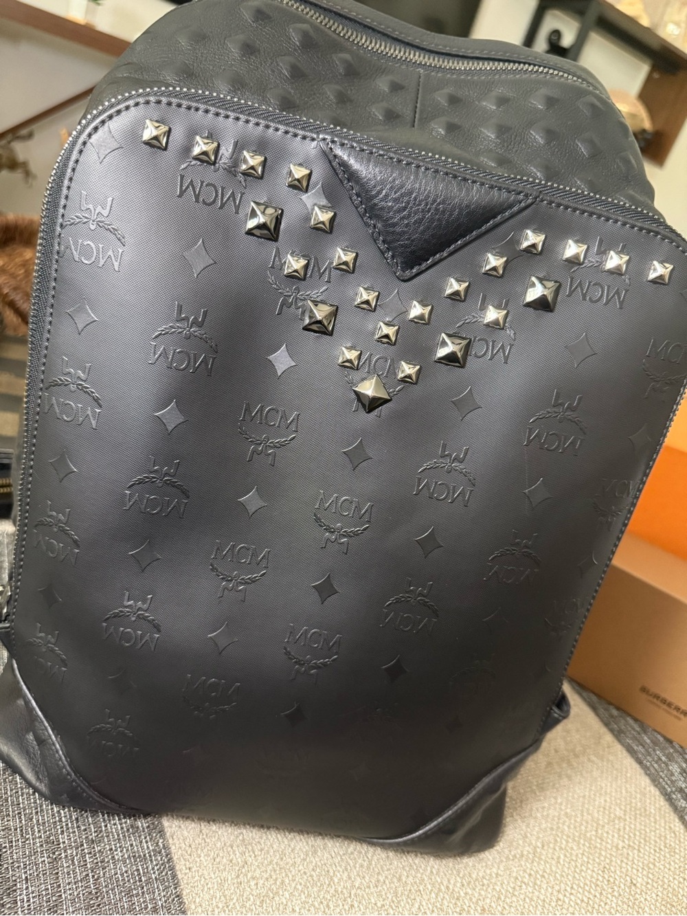 MCM Black Leather Pyramid Stud Backpack